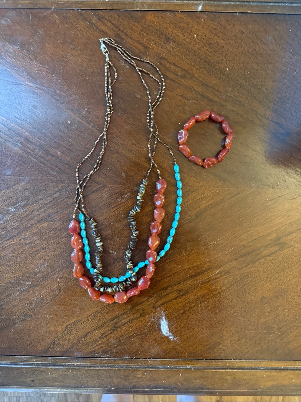 Layered Red and Turquoise Beaded Necklace Set with Matching Red Bracelet